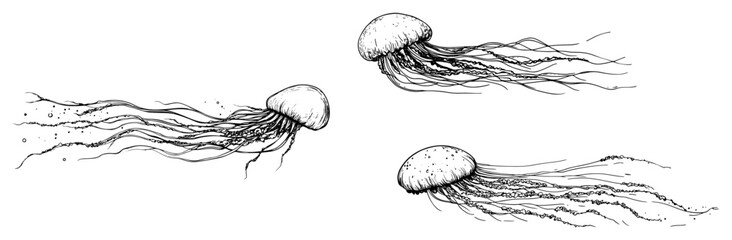 Jellyfish floating with long tentacles in deep water in hand drawn sketch style © Kaz