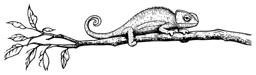 Fototapeta premium Chameleon sitting on a leafy tree branch in hand drawn engraving style