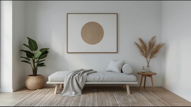 Calm minimalist daybed neutral living room with sunlight, natural texture and pampas plants