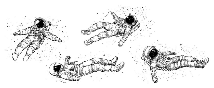 Astronauts floating in outer space zero gravity hand drawn engraving style