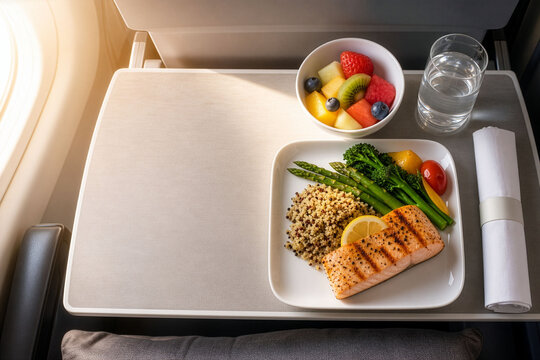 An image evoking a warm, serene, premium air travel experience. A composition featuring a comfortable vacation meal and ample negative space. In-flight meal