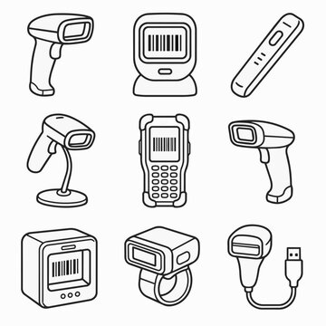 Set of modern barcode scanner devices and readers in minimalist line art style