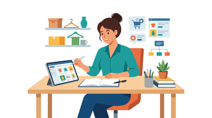 Fototapeta premium A young woman sits at a desk managing an online store on her tablet, surrounded by e-commerce icons and shelves stocked with various retail products.