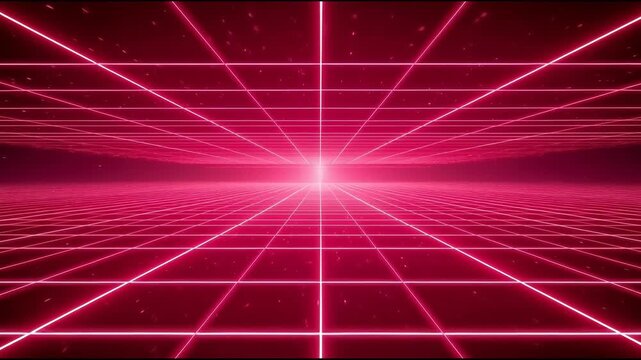 Neon grid horizon glowing pink magenta retro futuristic landscape with glowing retro tunnel