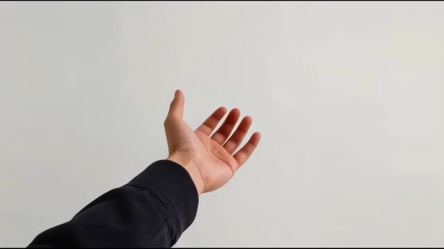Hand arm sleeve gesture reaching upward open palm reaching up against neutral plain background with