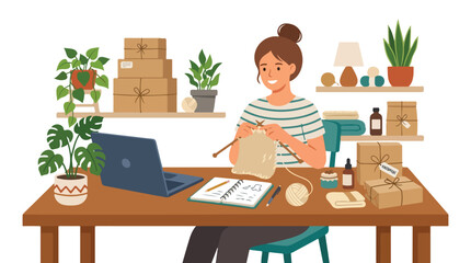 Fototapeta premium A young woman runs a small handmade business from home, knitting while surrounded by a laptop, notebooks, plants, and packaged orders.
