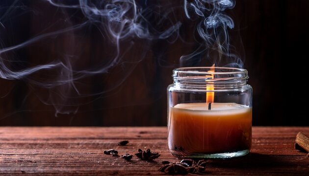 Scented Candle In Glass Jar With Burning Wick And Wispy Smoke On Dark Rustic Wooden Table Surface