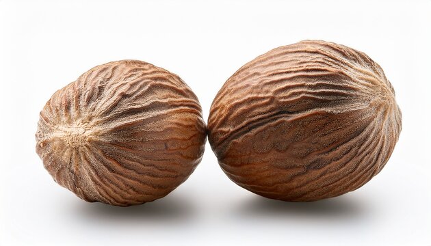 Two Whole Nutmegs With Rough Textured Shells On White Background Still Life