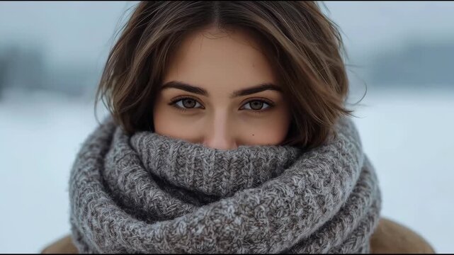 Young woman portrait bundled in chunky knit scarf outdoors in cold snowy winter serene scene