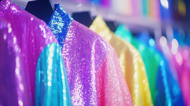 Sparkling Sequin Jackets: A vibrant display of colorful sequin jackets, ranging from electric blue to hot pink and sunshine yellow, hang neatly in a row, shimmering under bright lights.