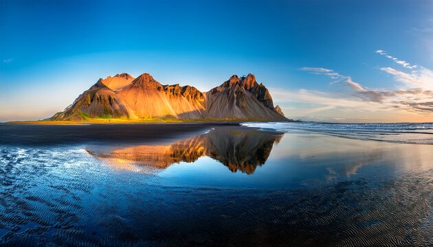 Beautiful Panorama Of Mountain Vestrahorn With Perfect Calm Reflection At Sunrise Iceland