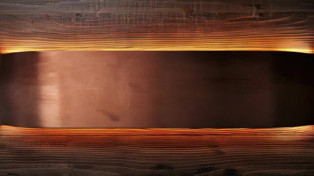 Copper Panel with Warm Illumination: A striking copper panel glows with warm, inviting light, set against a textured wooden background, creating a modern and industrial aesthetic.