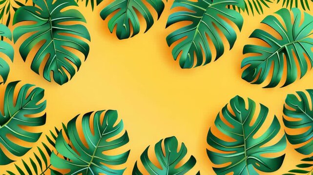 Tropical Paradise Vibes: Lush green monstera and fern leaves arranged in a vibrant composition on a bright yellow background, evoking a sense of summer and exotic getaway.