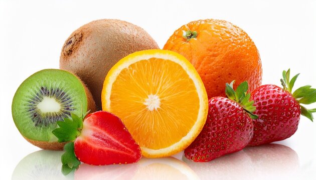 Fresh Sliced Kiwi Strawberry And Orange Fruits Isolated On Transparent Background