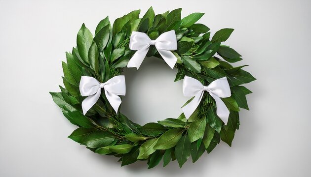 Green Leaf Wreath With White Bows On Transparent Background