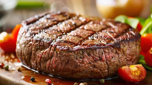 Perfectly Grilled Steak: A succulent, thick-cut steak, grilled to perfection with visible sear marks, is presented on a wooden board with fresh tomato slices and a medley of peppercorns.