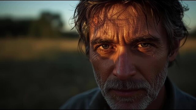 Man middle aged portrait face beard stubble weathered contemplative sunset light golden warm on face