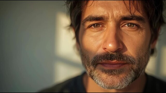Handsome middle aged man with warm sunlight face thoughtful expression stubble beard adult male