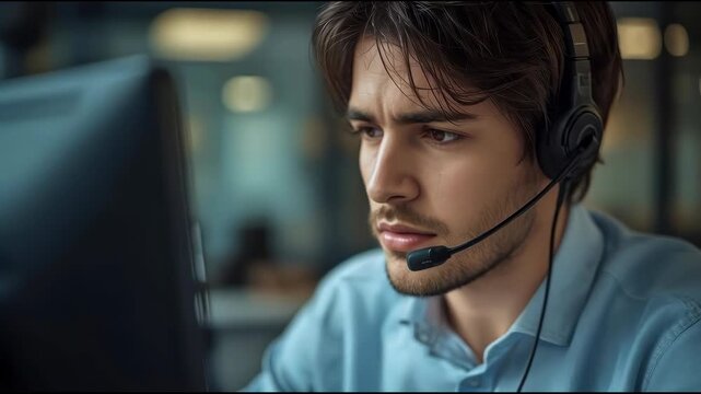 Young man wearing headset focused computer screen modern office call center customer service