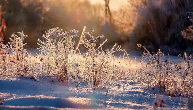 Frost Kissed Winter Vegetation And Snow Covered Ground Bathed In Bright Light