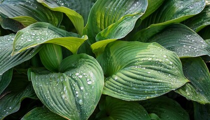 Obraz premium Detail Of Large Green Leaves Of A Hosta Plant Covered With Numerous Clear Water Droplets After Summer Rain