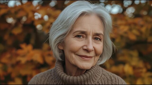 Senior woman portrait outdoors autumn fall serene elderly woman with silver hair contemplative