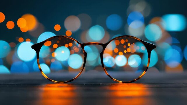 Focusing on the Future: A pair of round eyeglasses sits on a reflective surface, the lenses capturing the vibrant, blurred bokeh lights of a city at night, symbolizing clarity, vision.