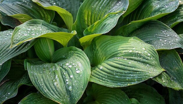 Detail Of Large Green Leaves Of A Hosta Plant Covered With Numerous Clear Water Droplets After Summer Rain