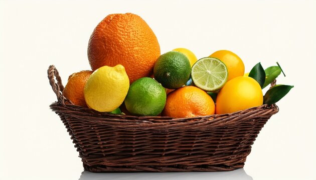 Isolated Fruit Basket Brimming With Citrus Fruits Oranges Lemons Limes For Healthy Diet Snack