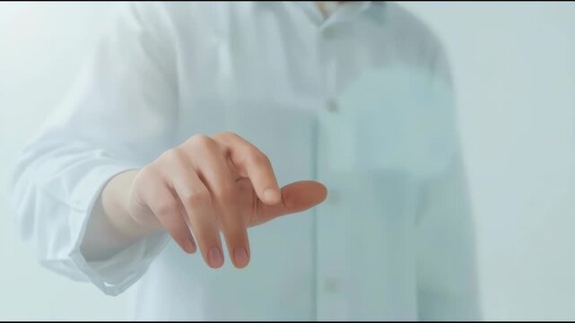 Calm minimal medical gesture with hand and pointing index finger in white shirt touching interface