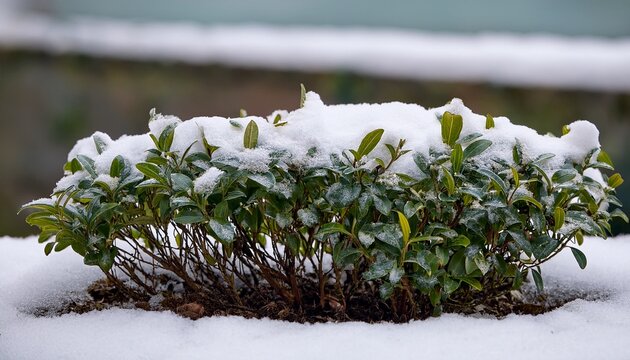 Arbusto De Hojas Verdes Nevadas En Invierno