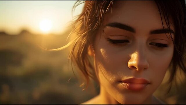 Golden sunset close up portrait of young female with dewy skin wet hair serene expression and warm
