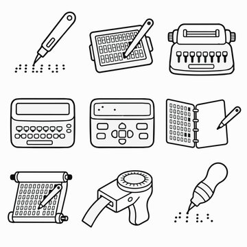 Vintage writing and typing devices illustration including typewriter, calculator,