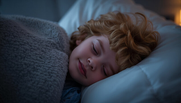 金茶色の柔らかな髪で愛らしく眠る5歳頃の欧米人男児