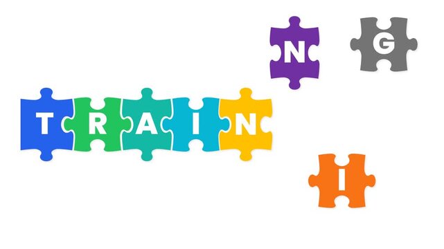 Dynamic Colorful Puzzle Pieces Assembling to Form TRAINING Word