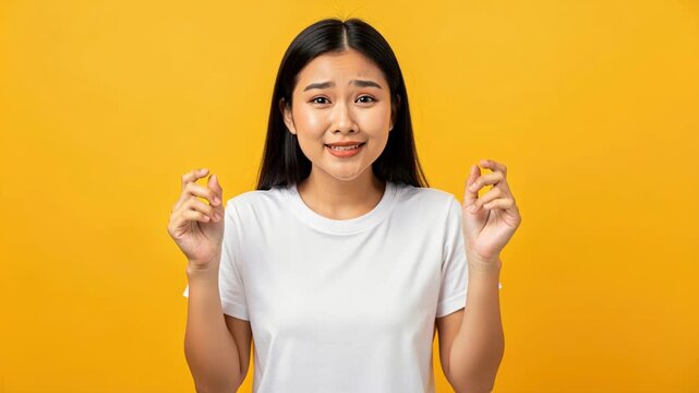Nervous Hope: A young Asian woman with dark hair, wearing a white t-shirt, holds her fingers crossed against a vibrant yellow background, expressing a hopeful yet anxious anticipation.