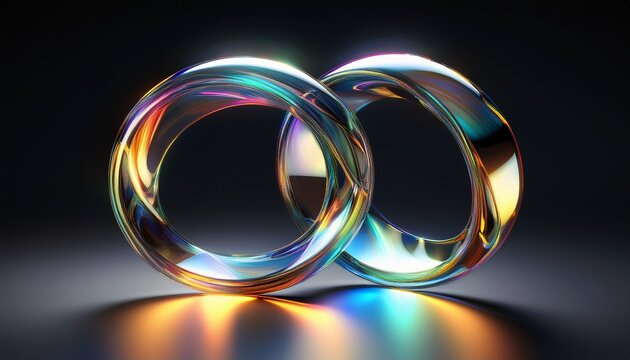 Two Glass Iridescent Rings Intertwined Chromatic Dispersion Black Background D Render
