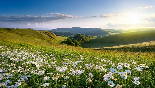 Beautiful Spring And Summer Natural Landscape With Blooming Field Of Daisies In The Grass In The Hilly Countryside