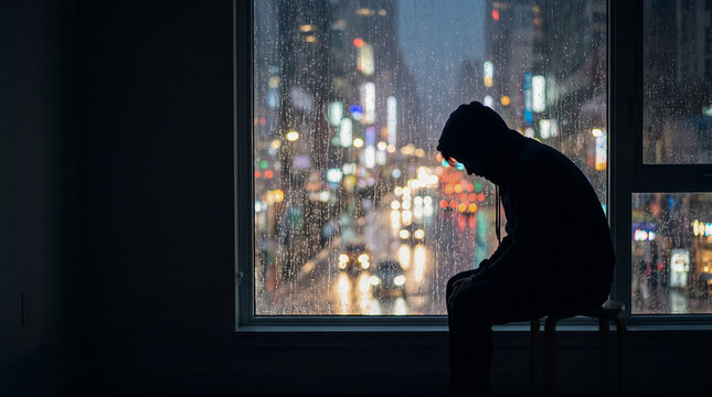 Silhouette of a lonely person in hoodie sitting by window on a rainy night with city lights bokeh.