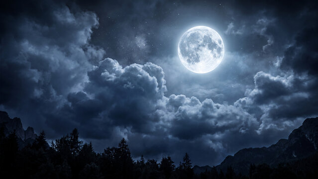 Mystical Night Sky
A luminous full moon illuminating dark, rolling clouds with soft silver light, mysterious night ambiance, deep shadows, realistic cloud textures, astrophotography style, high contra
