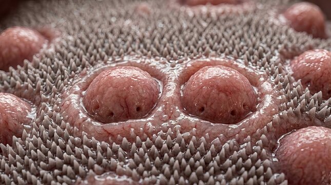 Macro View of Human Tongue Papillae: A highly magnified close-up showing the textured surface of a tongue, featuring prominent, rounded fungiform papillae surrounded by dense, spiky filiform papillae