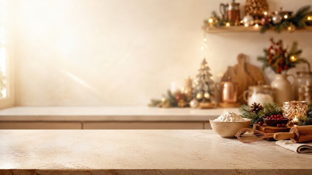 Kitchen Countertop with Christmas Decorations and Baking Ingredients
