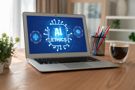AI ethics responsibility standard law and rules on computer screen provide report of AI ethic transparency preventing technology crime. brisk