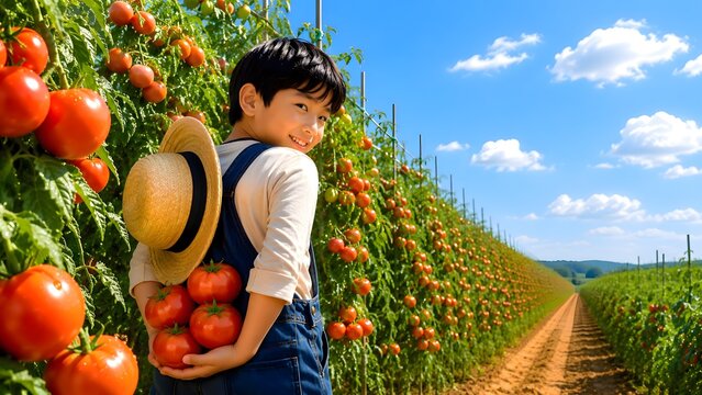 Smiling boy harvesting ripe tomatoes in a sunny tomato farm with copy space
青空のトマト農園で完熟トマトを収穫する笑顔の男の子（コピースペース