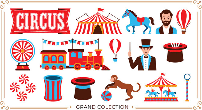 Vintage circus vector element set with big top tent ringmaster train ferris wheel and monkey performer in flat design style
