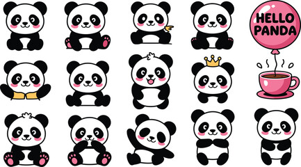 Cute cartoon panda bear character set with various poses balloon and coffee cup isolated vector illustration for kids design © Yesrath Hasan Sobuj