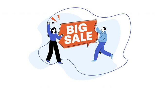 Animated flat vector illustration of a man and woman holding a big sale sign on a white background.