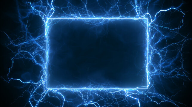 A luminous rectangular border of electric blue energy crackles with lightning on a dark, ethereal background, evoking a sense of digital power.