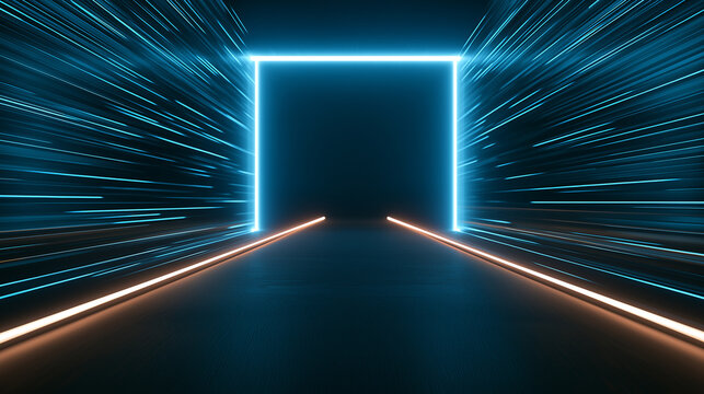A glowing blue neon square forms a portal at the end of a futuristic tunnel with streaks of blue and orange light accelerating towards it, creating a sense of motion.