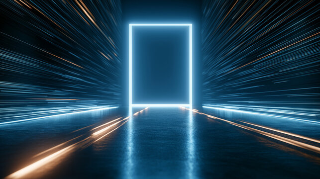 A vibrant blue neon rectangle gateway is set within a tunnel of streaking blue and orange lights, reflecting on a wet, dark floor.